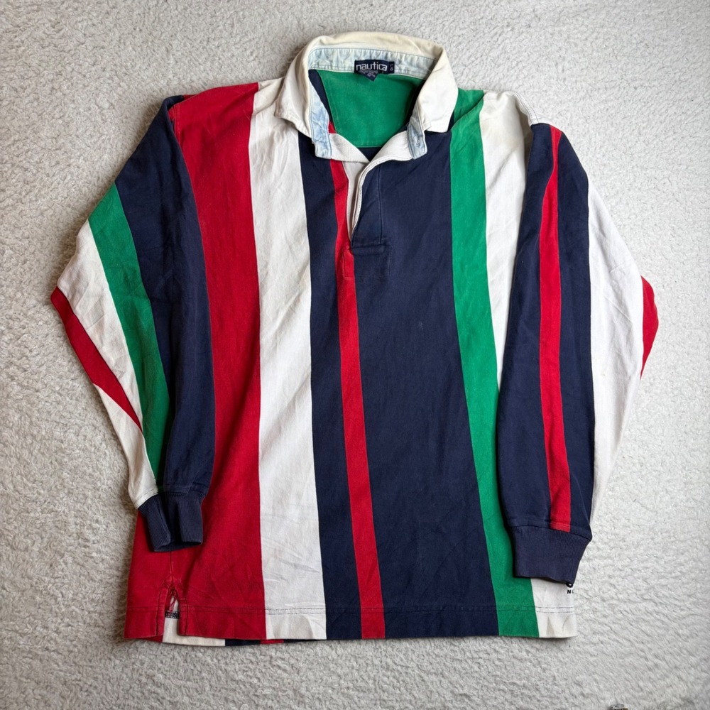 Vintage Nautica Mens Rugby Shirt L Long Sleeve Vertical Stripe Y2K Red Blue